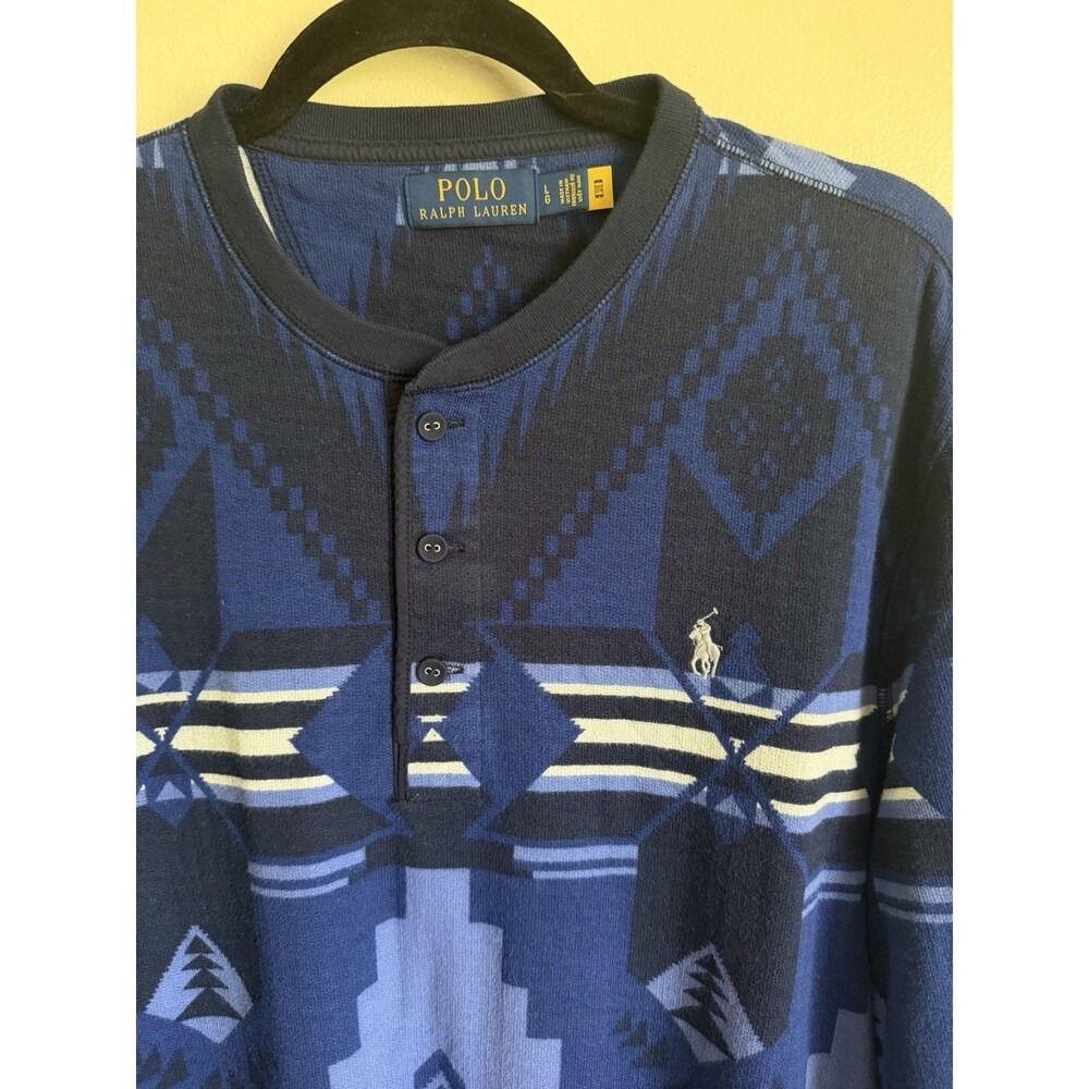 Polo Ralph Lauren Men's Blue Aztec Southwestern Henley Long Sleeve Pullover L